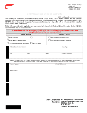 New Jersey Abandoned Vehicle Report and Junk Title Request
