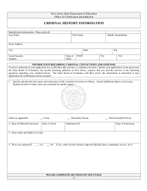 New Jersey Criminal History Information Form