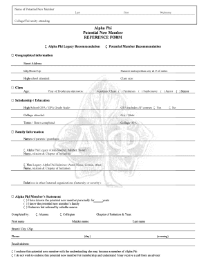 Alpha Phi Potential New Member Reference Form