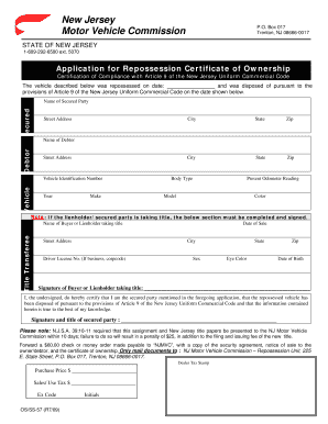 New Jersey Repossession Certificate of Ownership