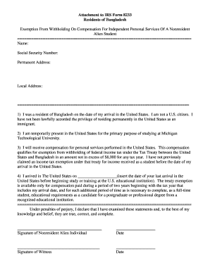 IRS Form 8233 Attachment for Bangladesh Students