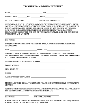 Transfer Exam Information Sheet