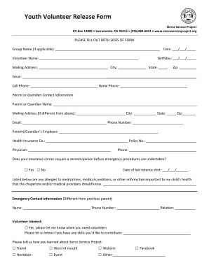 Youth Volunteer Release Form