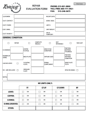 Brake System Evaluation Form