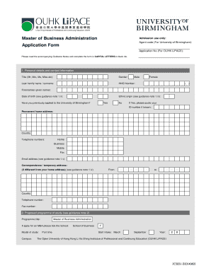 University of Birmingham MBA Application Form