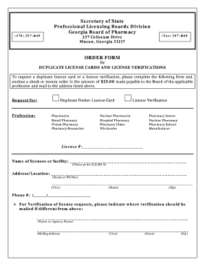 Georgia Board of Pharmacy Duplicate License Card Request