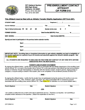 CIF Form 510 Athletic Transfer Eligibility Affidavit