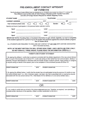 Pre-Enrollment Contact Affidavit CIF Form 510