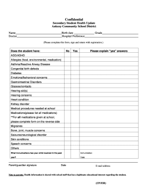 Secondary Student Health Update Form