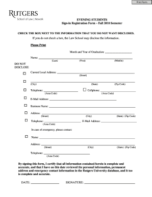 Evening Students Sign-in Registration Form