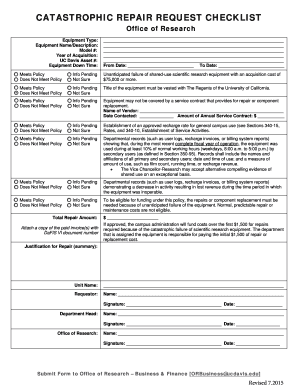 Catastrophic bRepair Requestb Checklist - 1014 bb - Office of Research - research ucdavis