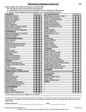 Maintenance Experience Checklist E25