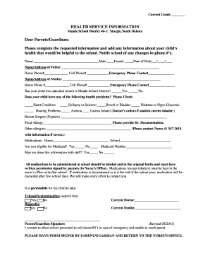 Meade School District Health Service Information Form
