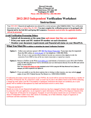 Howard University 2012-2013 Independent Verification Worksheet