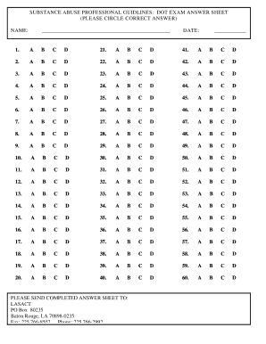 Substance Abuse Professional Guidelines DOT Exam Answer Sheet