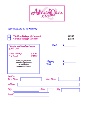 Order Form for Diva and Stud Packages