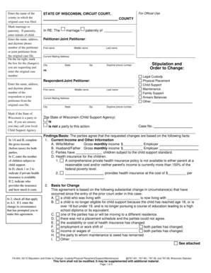 Wisconsin Stipulation and Order to Change Custody Support