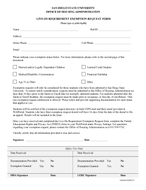 San Diego State Live-On Requirement Exemption Request Form