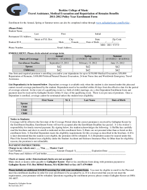 Berklee College of Music Travel Assistance Enrollment Form
