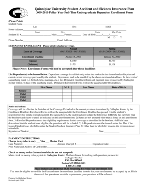Quinnipiac University Student Accident and Sickness Insurance Plan Enrollment Form