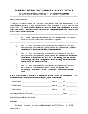 School Meals Application Information Sharing Consent