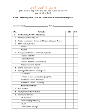 Check List for Inspection Team for Accreditation of Private/NGO Hospitals