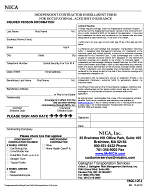 Independent Contractor Enrollment Form for Occupational Accident Insurance