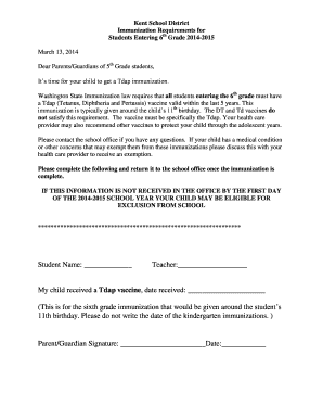 Washington State 6th Grade Tdap Immunization Form