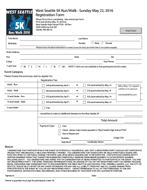 West Seattle 5K RunWalk - Sunday May b22b 2016 Registration bFormb