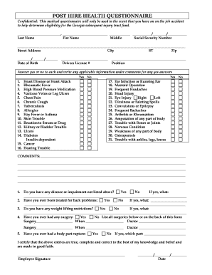 Post Hire Health Questionnaire