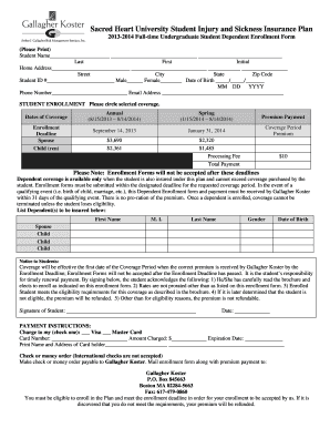 Sacred Heart University Student Injury and Sickness Insurance Plan Enrollment Form