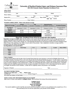 University of Hartford Student Injury and Sickness Insurance Plan Enrollment Form