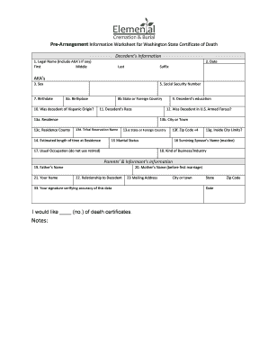 Pre-Arrangement Information Worksheet for Washington State Certificate of Death