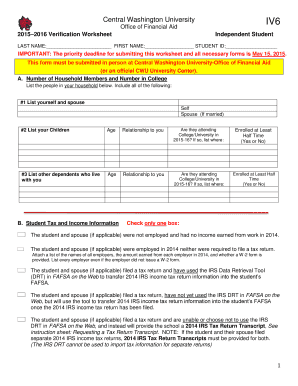 Central Washington University Financial Aid Verification Worksheet