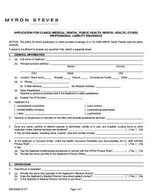 Application for Professional Liability Insurance for Clinics