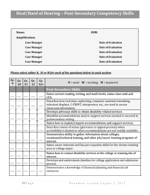 Deaf/Hard of Hearing Post-Secondary Competency Skills Form