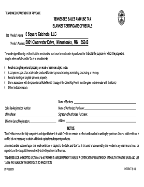 Tennessee Sales and Use Tax Blanket Certificate of Resale
