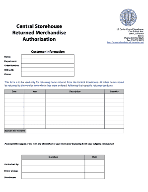 UC Davis Returned Merchandise Form