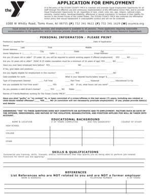 Ocean County YMCA Employment Application