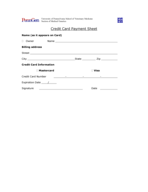 University of Pennsylvania Credit Card Payment Sheet