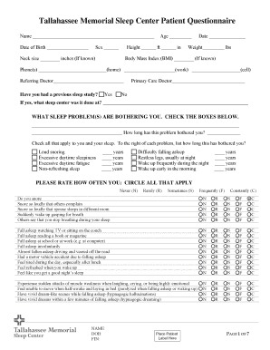 Tallahassee Memorial Sleep Center Patient Questionnaire