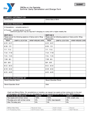YMCA Summer Camp Cancellation and Change Form