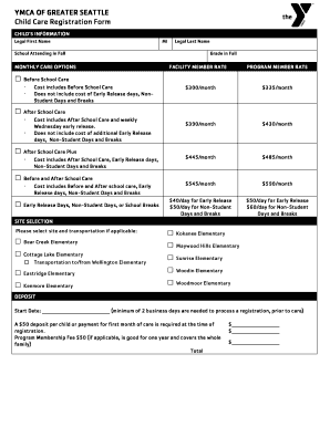 YMCA Child Care Registration Form