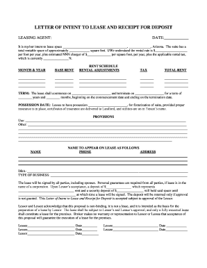 Letter of Intent to Lease and Receipt for Deposit