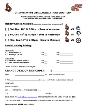 Ottawa Senators Holiday Ticket Order Form