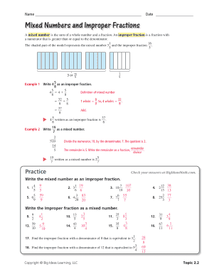 Mixed Numbers and Improper Fractions Worksheet