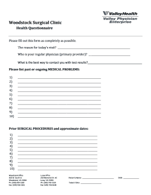 Woodstock Surgical Clinic Health Questionnaire