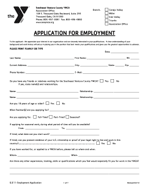 Southeast Ventura County YMCA Employment Application