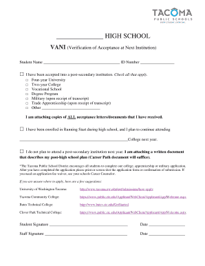 VANI High School Acceptance Verification Form