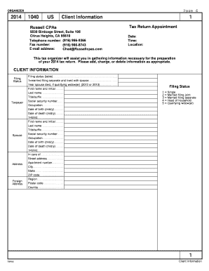 2014 US 1040 Tax Return Organizer
